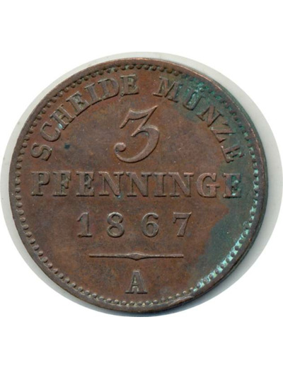 ALLEMAGNE PRUSSE 3 PFENNIG 1867 A oxydation TTB+(W482)