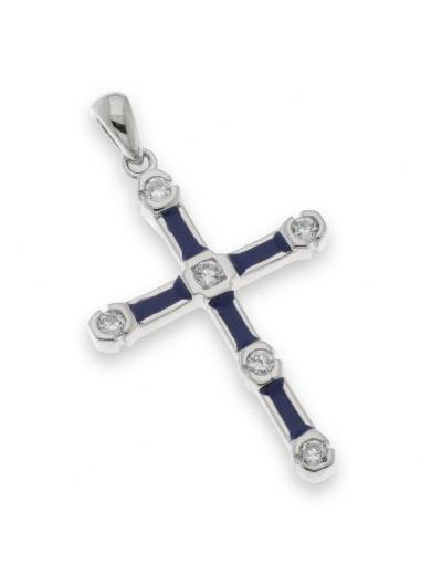 Croix en Argent 925 3,8cm- EMAIL BLEU et ZIRCONIUMS