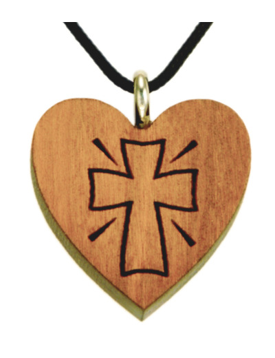 Coeur en Bois d'Erable Vernis 2,5cm avec Cordon - CROIX