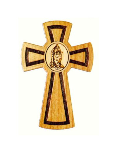 Croix en Bois d'Erable en Boite LUXE 13,3cm - MAINS EN PRIERE