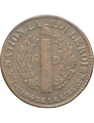 FRANCE 6 DENIERS FRANCAIS 1792 BB (Strasbourg) TB+ (G7)
