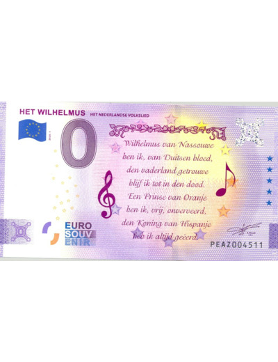 PAYS BAS 2020-1 HET WILHELMUS VERSION ANNIVERSAIRE BILLET SOUVENIR 0 EURO