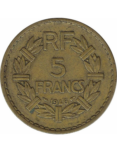 FRANCE 5 FRANCS LAVRILLIER CUPRO ALU 1946 TB+ taches