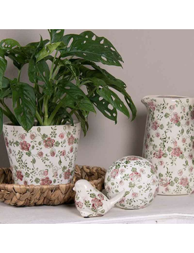 Figurine oiseau fleurs blanc céramique 10x6x7cm