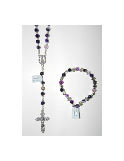 Coffret Chapelet +bracelet-dizainier argenté- AGATE VIOLETTE
