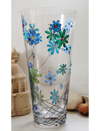 Beau grand vase artisanale peint à la main représentant un bouquet de fleurs bleues et vertes , pièce unique, signée et numéroté