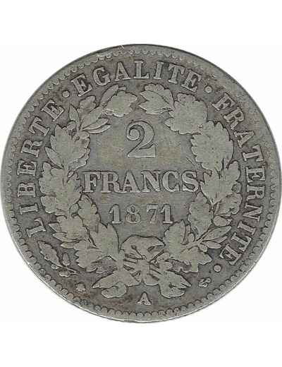 FRANCE 2 FRANCS CERES 1871 A (PARIS) Petit A B+