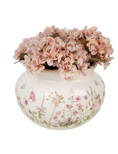 Pot de fleurs céramique beige fleurs roses 23x16cm