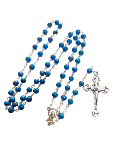 Chapelet en verre 6mm chaine argentée moucheté BLEU