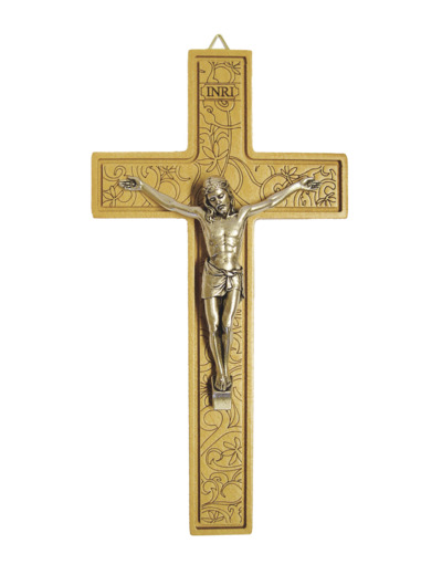 Crucifix 16cm en Bois avec Christ en Métal Argenté Motif Fleurs