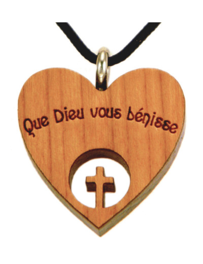 Coeur en Bois d'Erable Vernis  2,3cm avec Cordon - CROIX ÉVIDÉ
