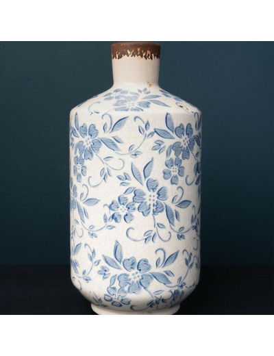 Vase Bouteille Bucolique Fleuri blanc bleu grès 12x25cm