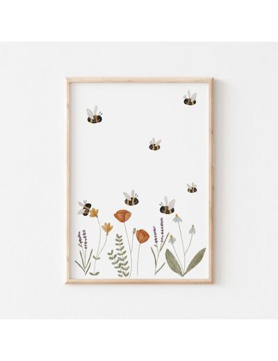 Affiche Enfant encadrée, Abeilles et Fleurs