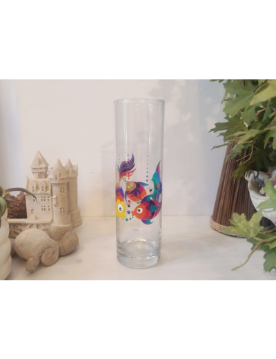 Grand vase peint à la main très coloré représentant une colonie de petits poissons multicolores qui se promènent dans leur aquarium