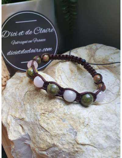 Bracelet Shamballa 11 perles de pierre d'unakite et kunzite