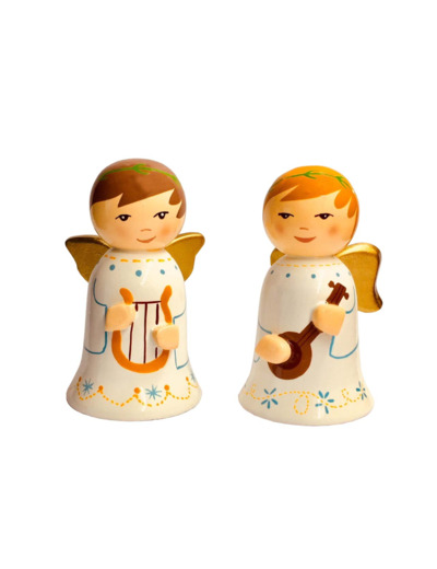 2 Anges en bois tourné Blanc 7cm - Lyre + Mandoline