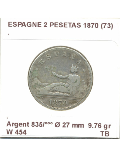 Espagne ( SPAIN ) 2 PESETAS 1870 (73) DEM TB