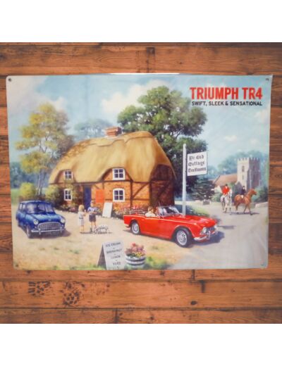 Plaque métal - Triumph TR4 The old cottage - 30x40 - Décoration Vintage