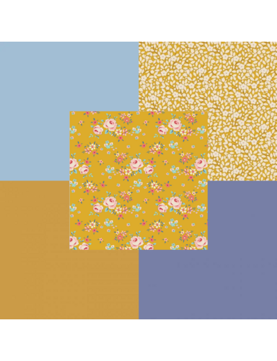 LOT DE 5 COUPONS DE TISSU TILDA UNIS ET IMPRIMÉS  50 X 55 CM, MOUTARDE & BLEU