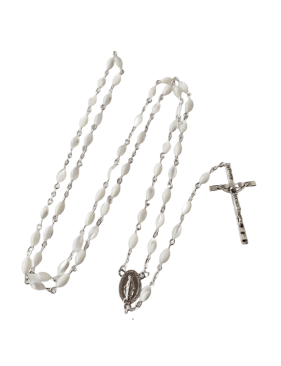 Chapelet en Nacre grain ovale chaine argentée + BOITE