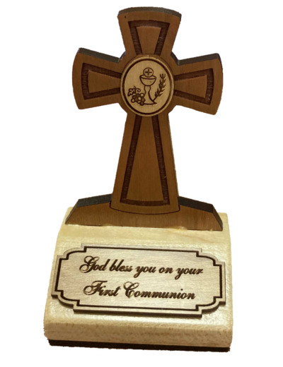 Bloc Souvenir en Erable 9cm - CROIX DE COMMUNION - Anglais