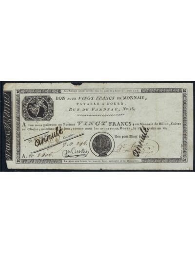 BON POUR VINGT FRANCS (Rouen) série A296 1er Frimaire an 12 annulé TB+