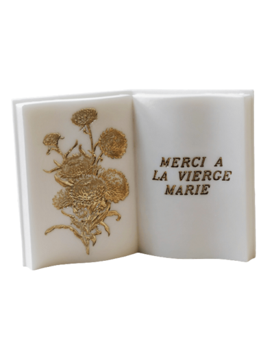 Ex Voto en albâtre 15x21cm-Blanche et Or-Merci à La Vierge Marie
