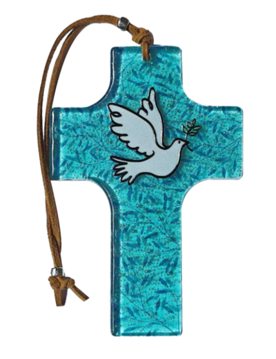 Croix en verre 8x12cm- COLOMBE bleue Fond feuilles