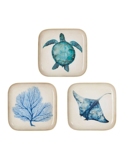 Ensemble 3 plateaux fer Corfou bleu 16x16cm