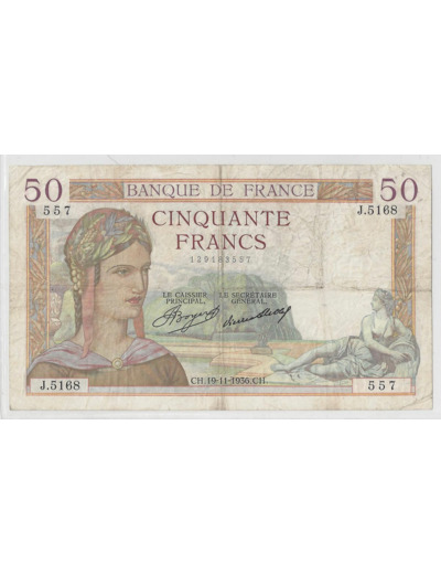 FRANCE 50 FRANCS CERES 19/11/1936 TB+ J.5168