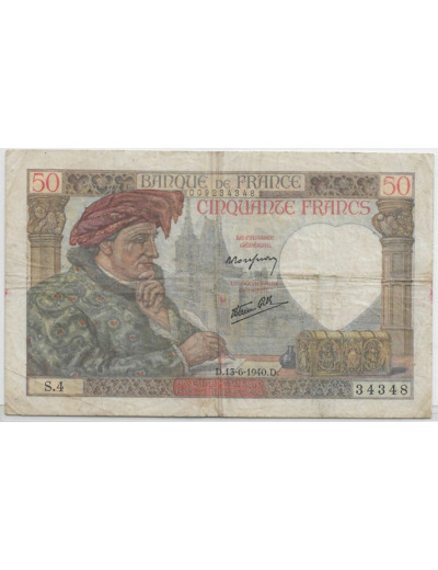 FRANCE 50 FRANCS JACQUES COEUR SERIE S.4 16-6-1940 TB+