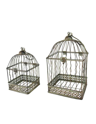 Ensemble 2 cages carrées suspendues vert patiné 18x18x40cm