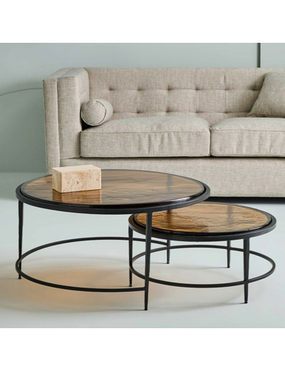 Ensemble tables basses gigogne verre fumé métal noir Igloo 86x46cm