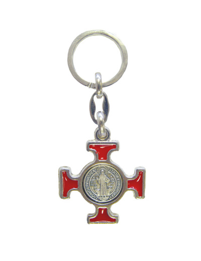 Porte-Clefs St Benoît en Métal Argenté avec Email - ROUGE