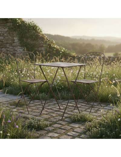 Ensemble Mange debout Pliant en Fer Patiné Gris Vintage Table et 2 Chaises 53x50x94cm