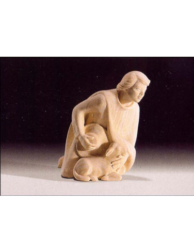 Berger à genoux avec chapeau et mouton 9 cm bois clair