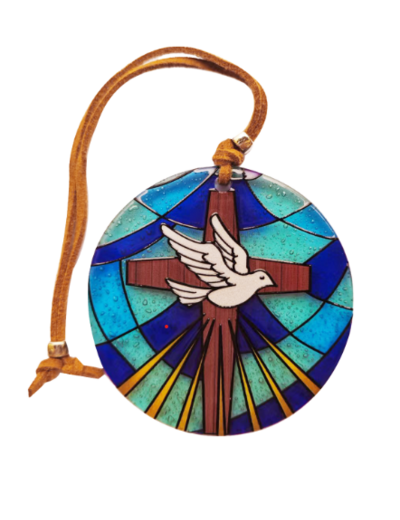 Médaillon verre diamètre 7cm- COLOMBE sur CROIX-VITRAIL bleue
