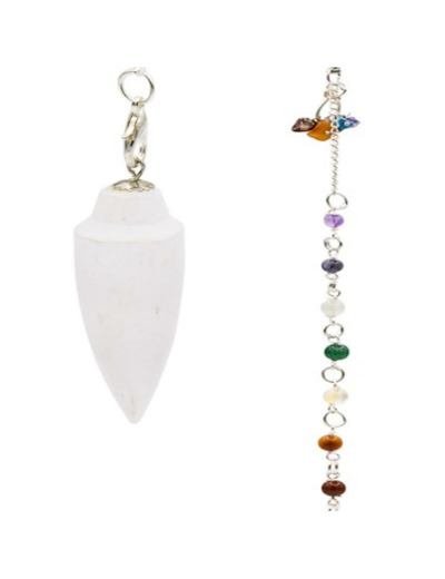 Pendule goutte en Sélénite avec chaînette des 7 chakras