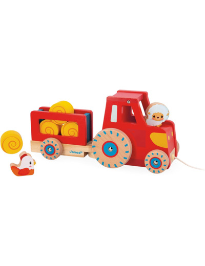 Janod - Tracteur à Tirer - Jouet d'Éveil - 1 Tracteur Enfant + 6 Accessoires -