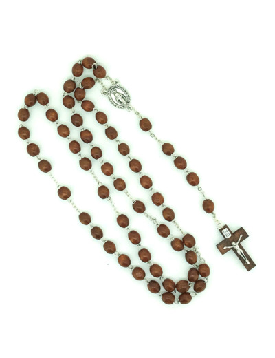 Chapelet BOIS grain oval sur chaine argentée- MARRON
