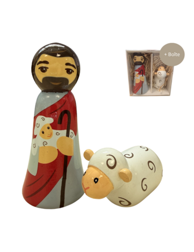 Christ Bon Pasteur et mouton en bois tourné 8.5cm + boite