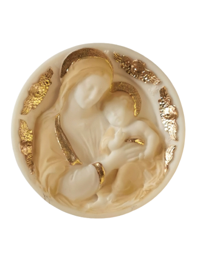 Assiette Murale D10cm en Albaster Beige et Or - Vierge et Enfant