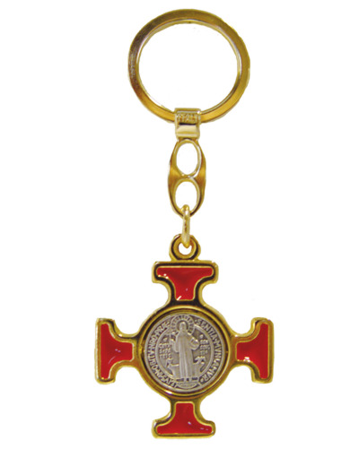 Porte-Clefs Saint Benoît en Métal Doré avec Email - ROUGE