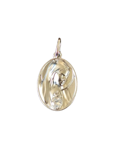 Médaille 19mm en Argent 925 + Zirconium- Sacré Coeur de Marie