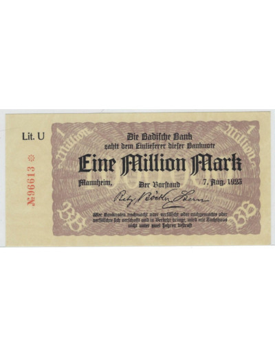 ALLEMAGNE ( MANNHEIM ) 1MILLION MARK SERIE U 07-08-1923 TTB+