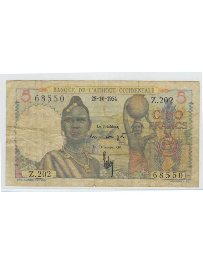 B.A.O. BANQUE DE L'AFRIQUE OCCIDENTALE 5 FRANCS 28-10-1954 SERIE Z 202 TB