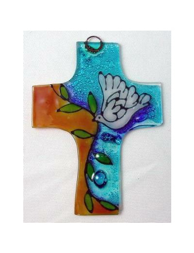 Croix en verre 8x12cm- COLOMBE à la BRANCHE- orange