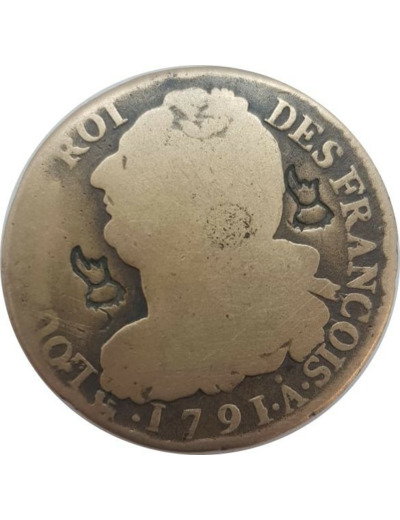 FRANCE LOUIS XVI 2 SOLS FRANÇOIS 1791 .A. (Paris) 22gr37 B contremarquée