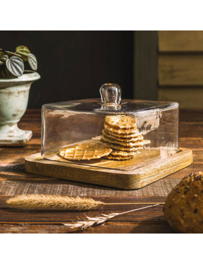Plateau bois chehoma et sa cloche en verre 12x18x18cm