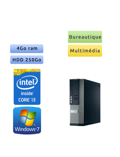 Dell Optiplex 390 SFF - Windows 7 - i3 4Go 250Go - Clavier/Souris - Ordinateur Tour Bureautique PC